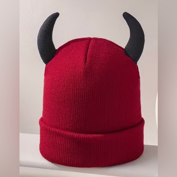 3 pack 1 red 1 pink 1 white knit beanie cap horns devil hat winter goth punk emo - Picture 9 of 12